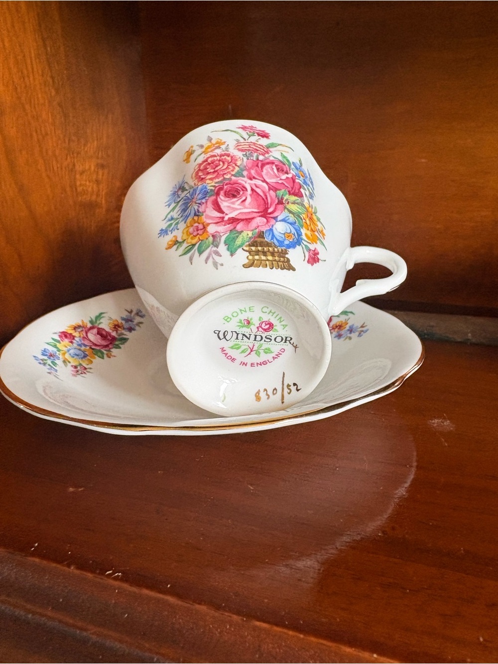 Windsor Floral Bone China Teacup and Saucer with Gold Trim